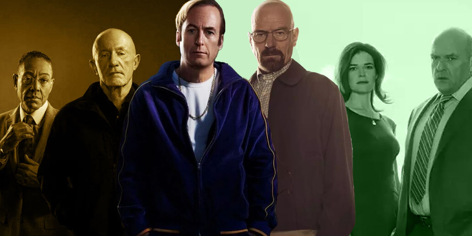 Saul and the cast of Better Call Saul with Walt and the cast of Breaking Bad.