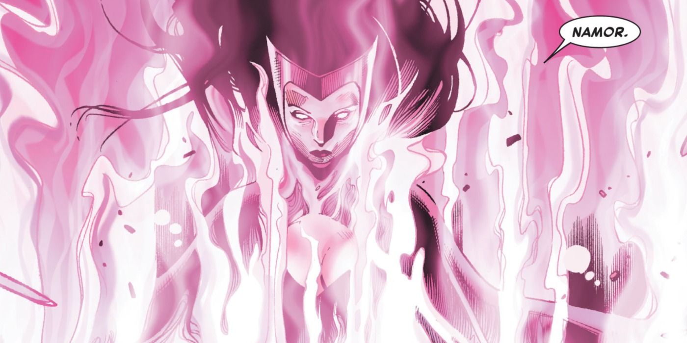 Scarlet Witch confronts Namor in Marvel Comics.