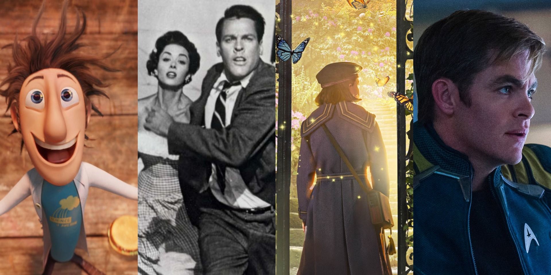 Scenes from Cloudy With a Chance of Meatballs, Invasion of the Body Snatchers (1956). The Secret Garden (2020), and Star Trek Beyond.