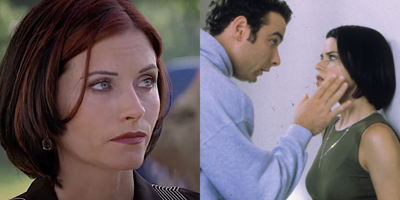 Split image of Gale and Cotton touching Sidney's face in Scream 2