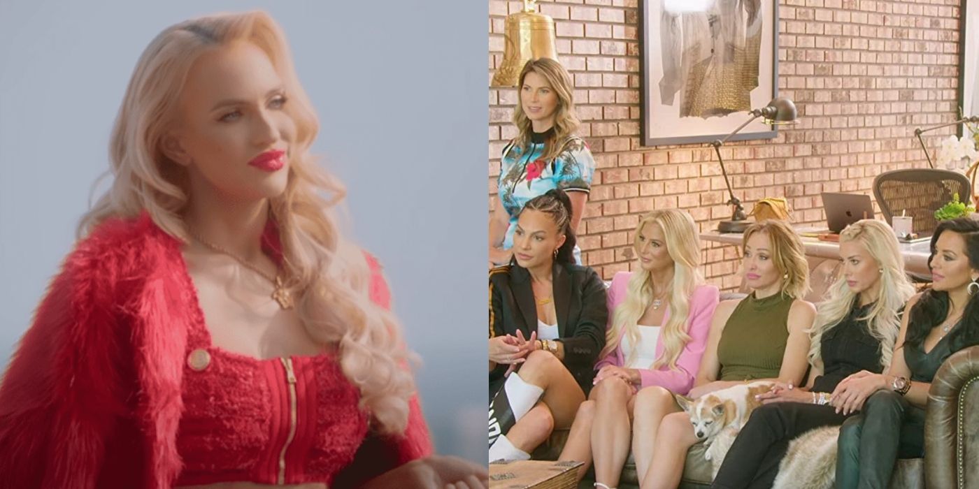 Split image of Christine in red and Amanza, Vanessa, Emma, Maya, Mary, and Davina sitting in the office on Selling Sunset