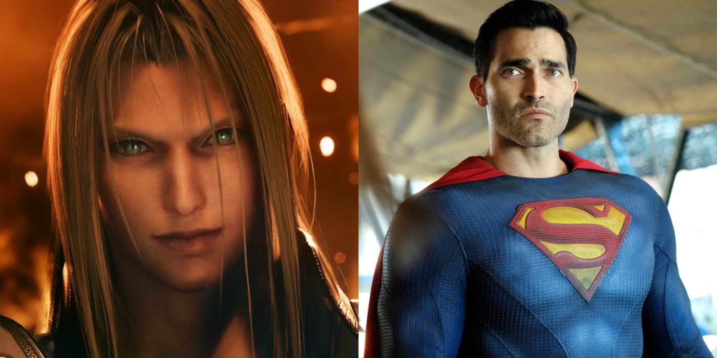Split image of Sephiroth and Tyler Hoechlin as Superman on the CW series
