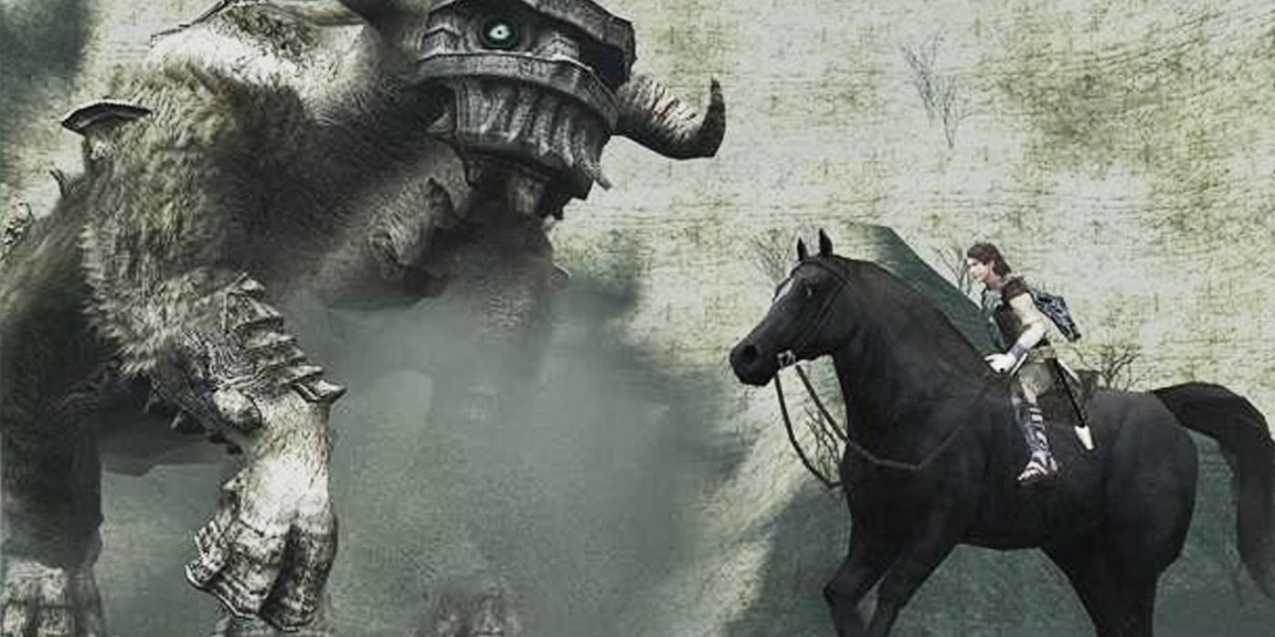 Wander riding his horse Agro and battling a colossus.