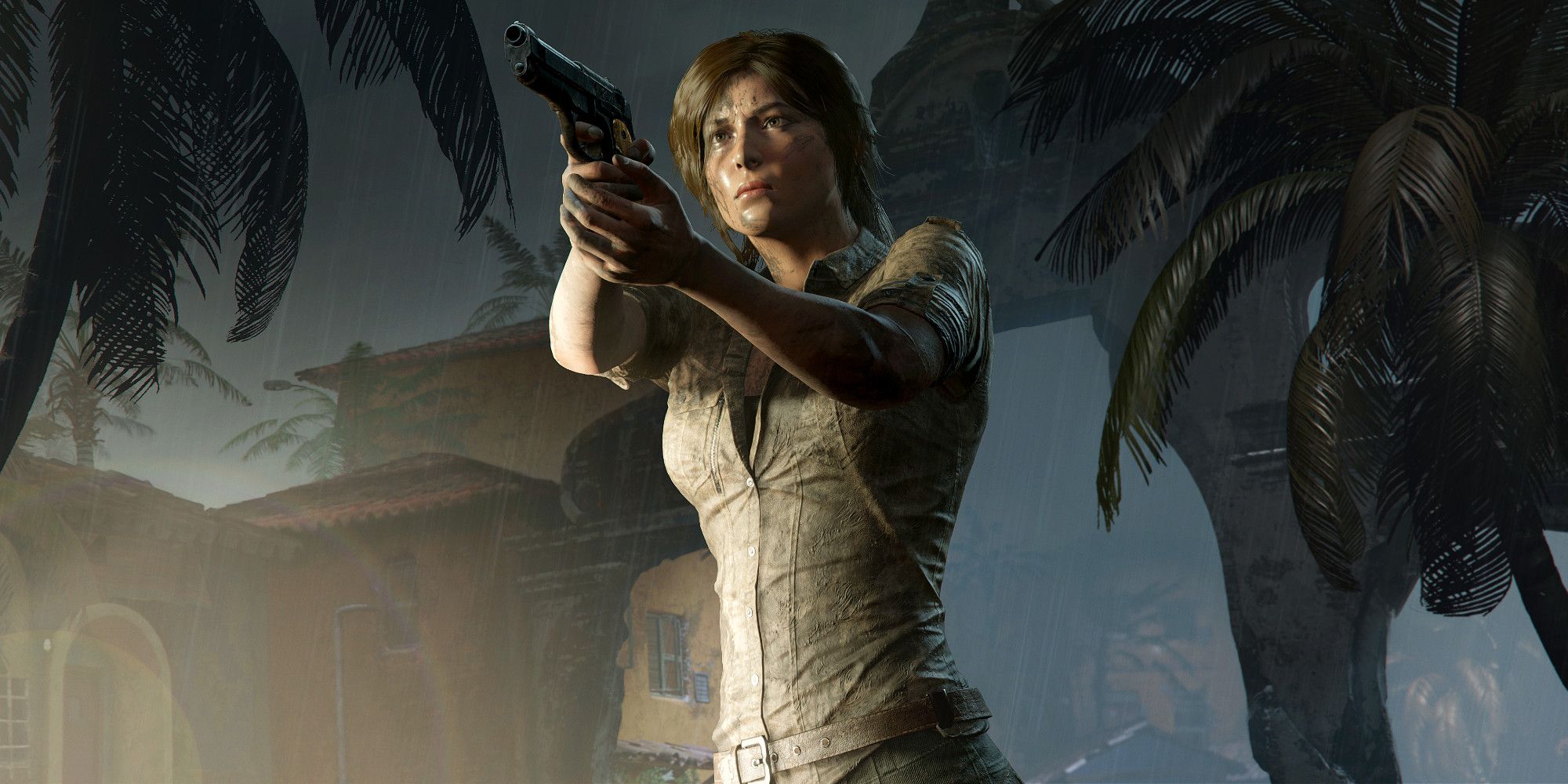 Lara Croft aiming a gun in Shadow of the Tomb Raider.