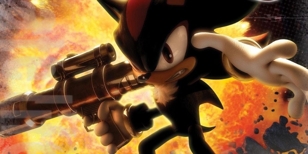 Shadow the Hedgehog stands with a gun in front of an explosion 