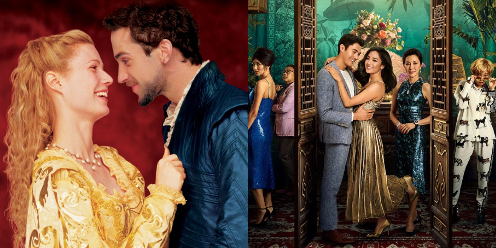 Split image showing posters for Shakespeare in Love and Crazy Rich Asians.