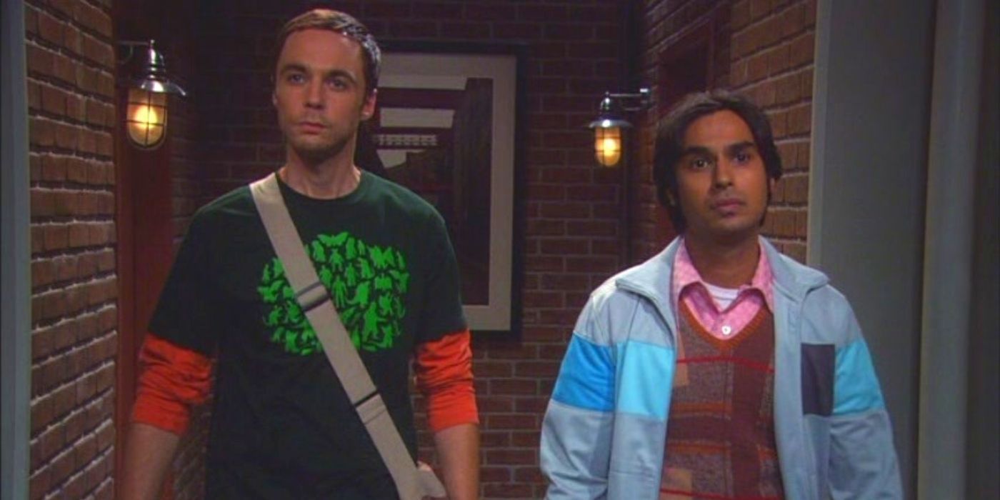 Sheldon and Raj walking through the apartment hall on The Big Bang Theory
