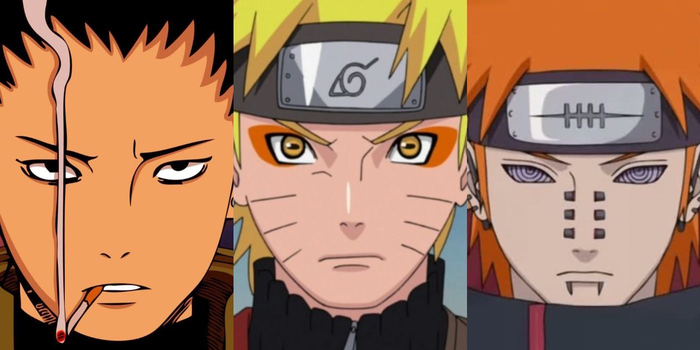 A split image features Shikamaru, Naruto, and Pain in Naruto Shippuden