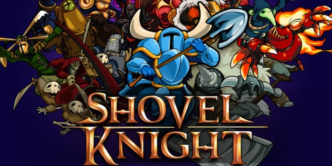 Promo art for Shovel Knight featuring the titular hero and other characters and enemies