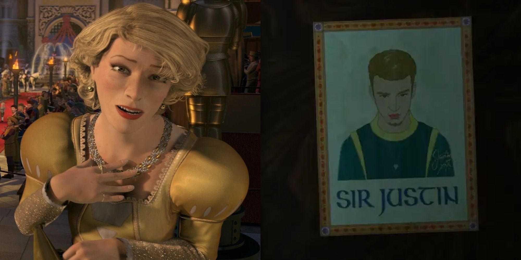 Split image showing Joan Rivers and a Sir Justin poster in Shrek 2.