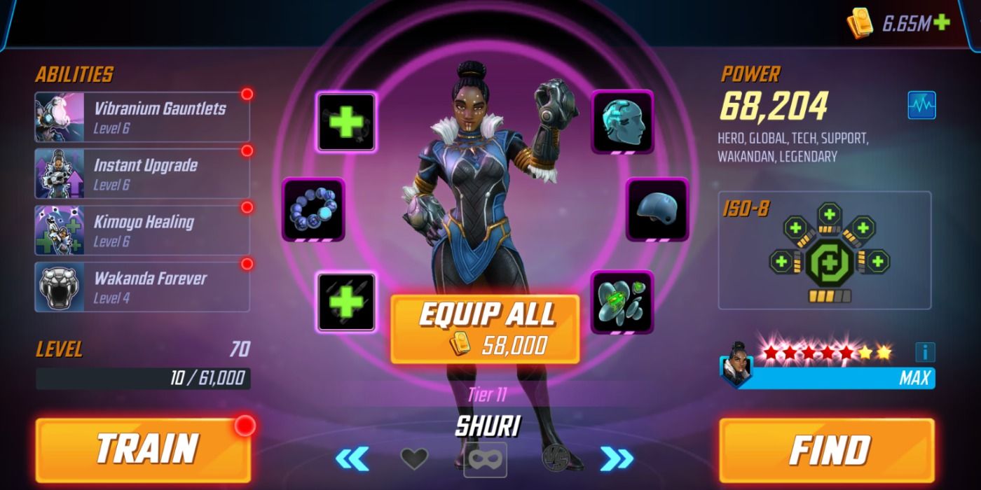Shuri's roster page in Marvel Strike Force