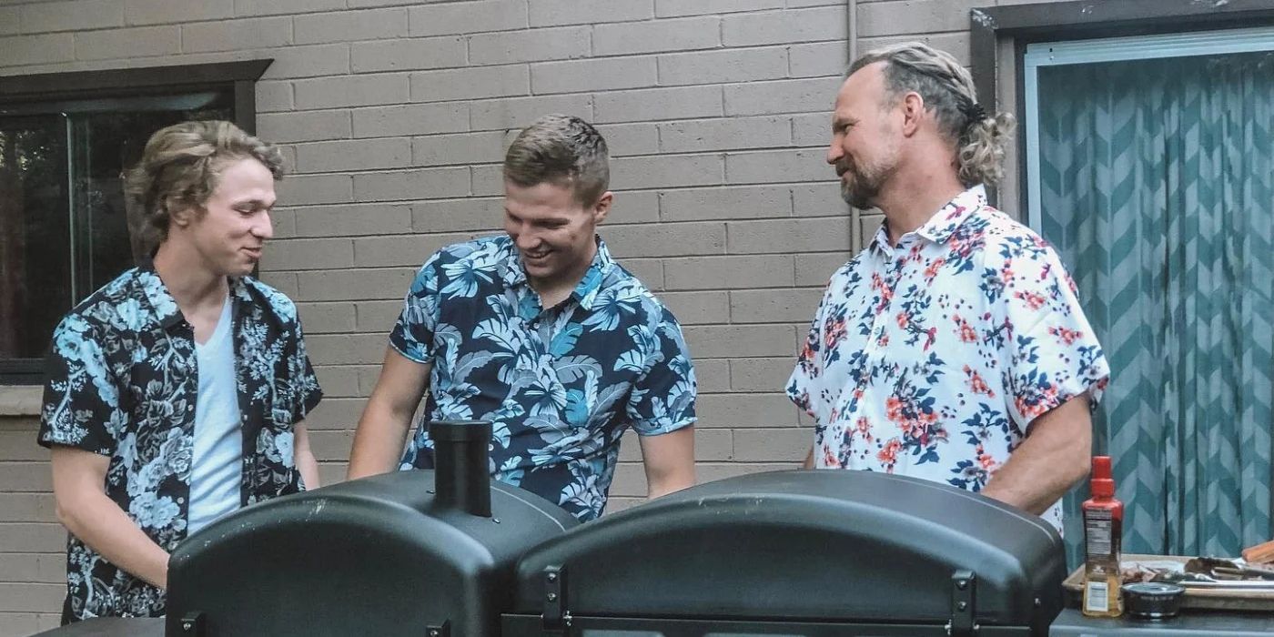 Sister Wives Kody and Garrison Brown and gabriel brown in tropical print shirts
