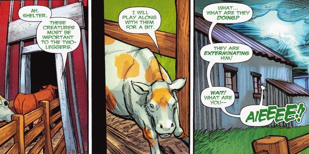 Marvel Skrull Cows having a conversation and debating leaving a barn, before being attacked