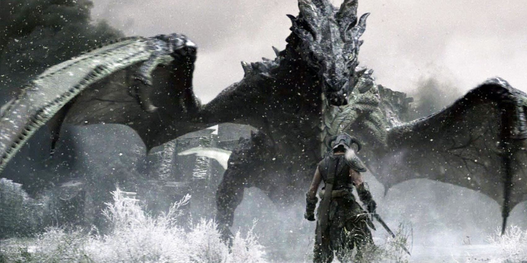 Skyrim Dragon facing Dragonborn