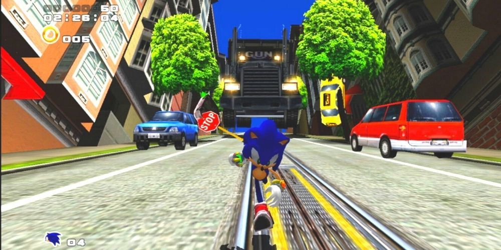 Sonic runs away from a semi truck in Sonic Adventure 2