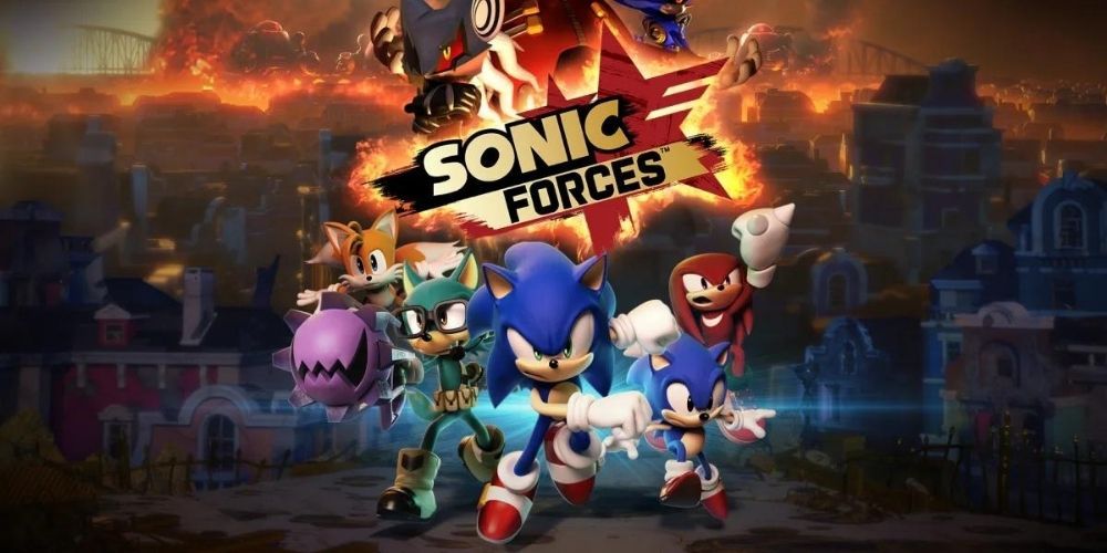 Sonic, Knuckles, and Tails race away from Dr. Eggman on the cover of Sonic Forces