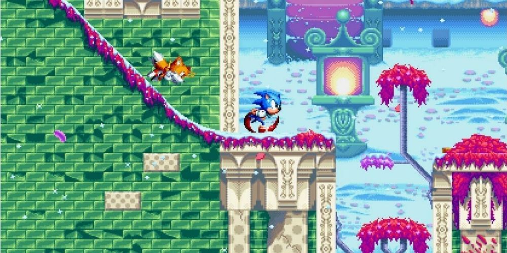 Sonic runs through a 16-bit looking level in Sonic Mania