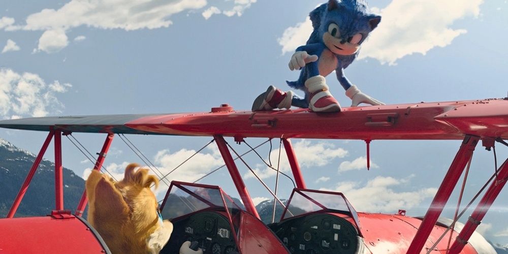 Sonic on top of Tails' plane in Sonic the Hedgehog 2