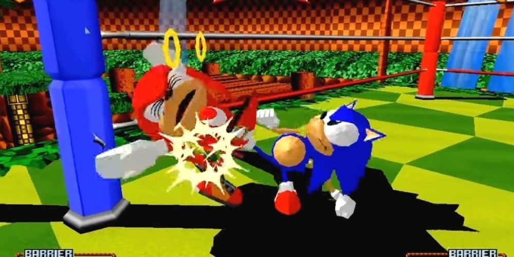 Sonic kicks knuckles into the air causing a KO in the game