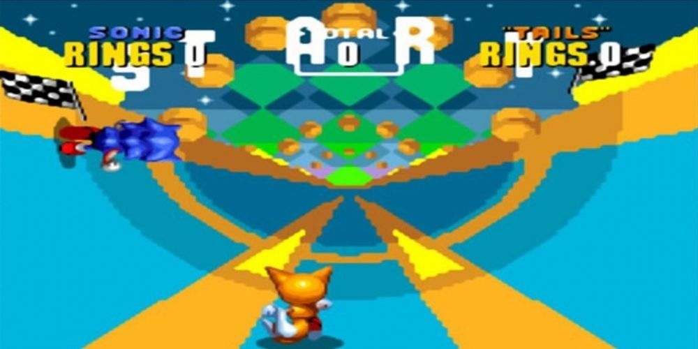 Sonic races down a 3D bonus level in Sonic 2
