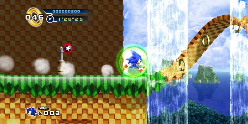 Sonic runs through a modern version of Green Hill Zone in Sonic 4
