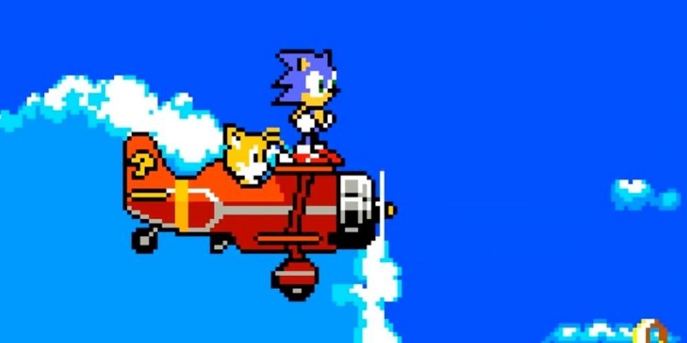 Sonic rides on the plane being operated by Tails