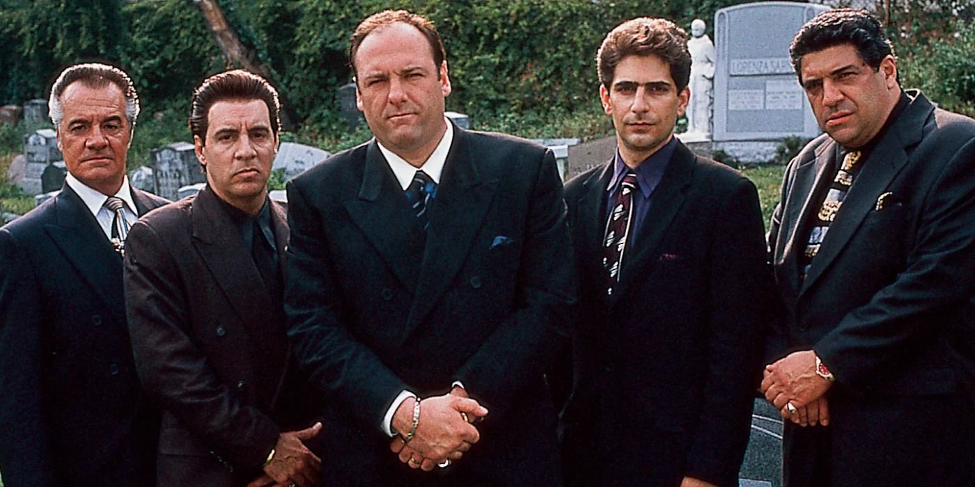 Tony Soprano and other members of the main cast of The Sopranos standing together
