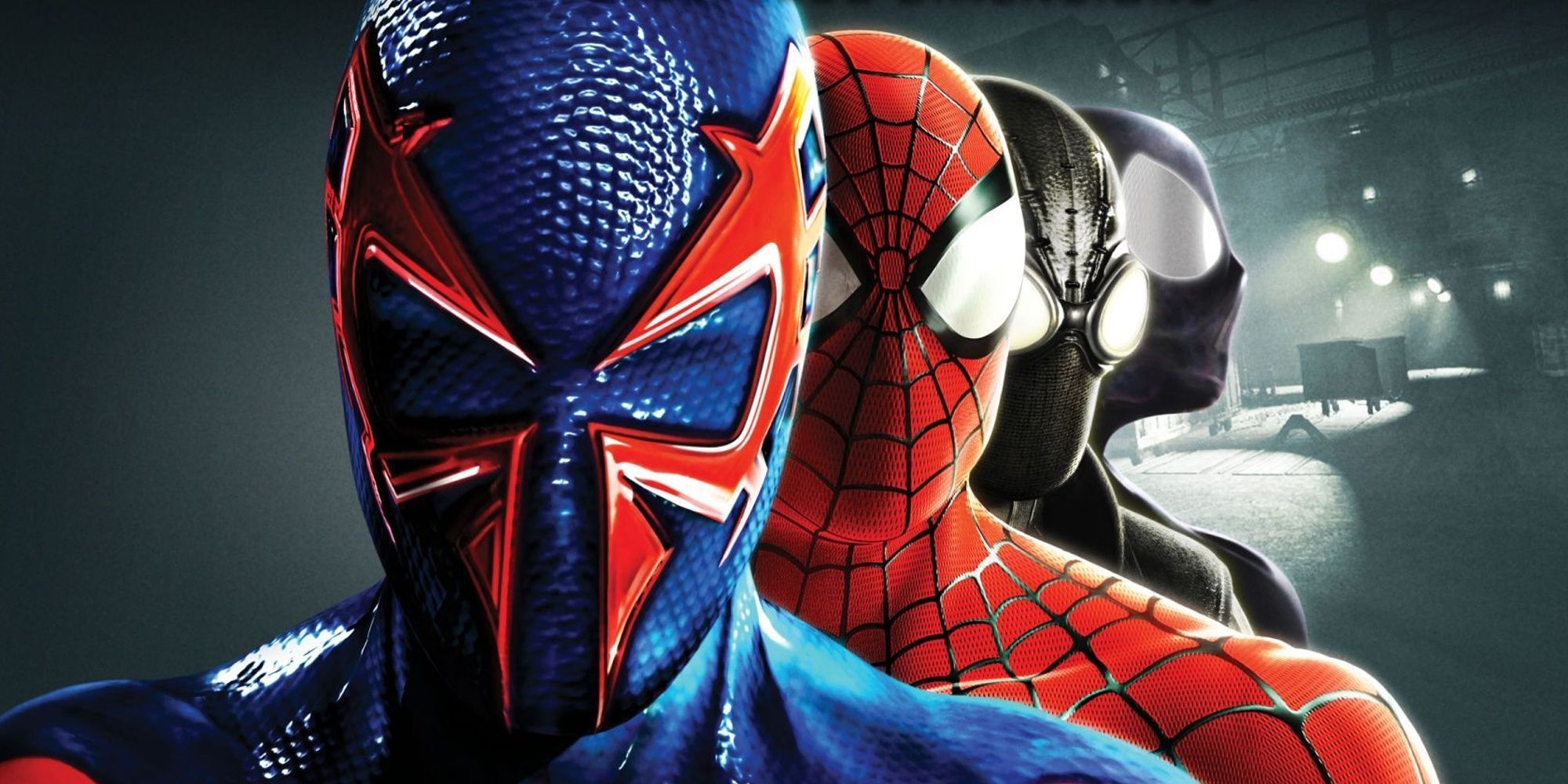 Spider-Man 2099, The Amazing Spider-Man, Spider-Noir, and Ultimate Spider-Man on a banner for Spider-Man Shattered Dimensions