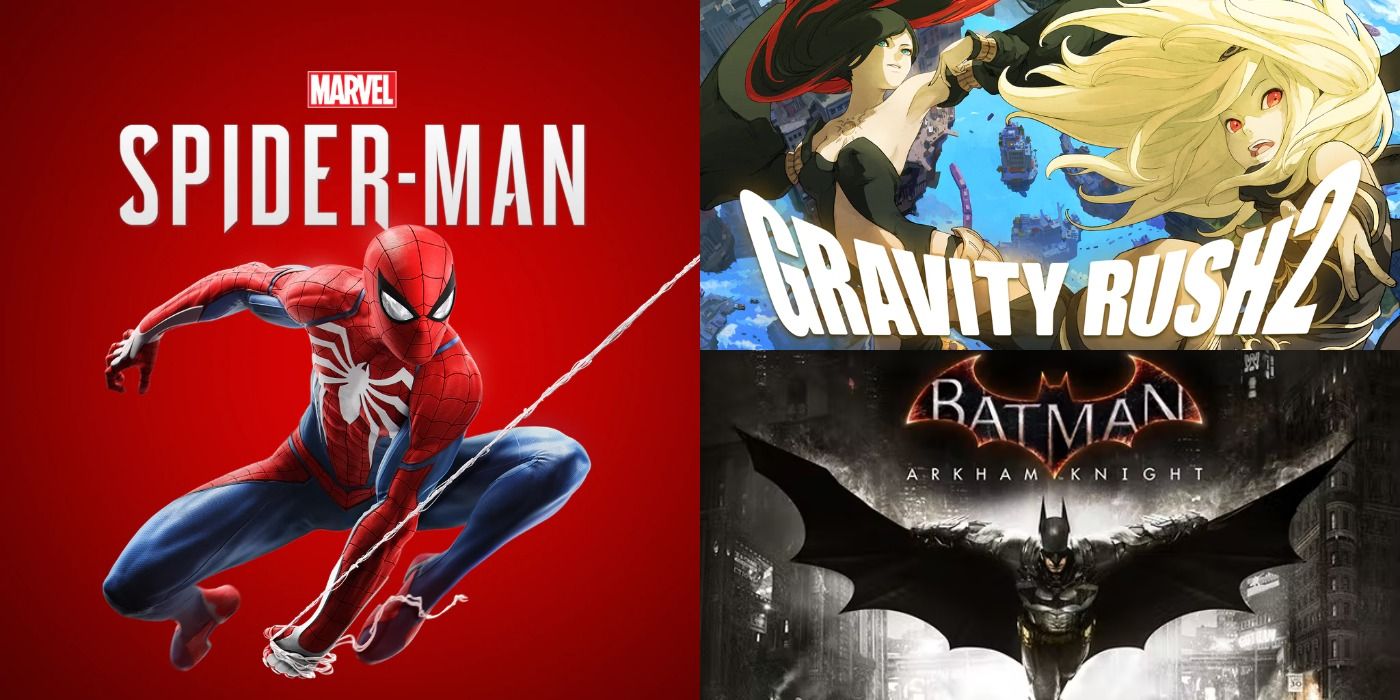 Split image of Spider-Man, Gravity Rush 2, and Batman: Arkham Knight cover art