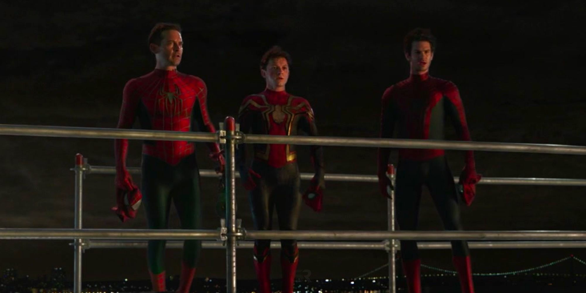 An image of Peter 1, Peter 2, and Peter 3 standing on the scaffolding in the Spider-Man: No Way Home