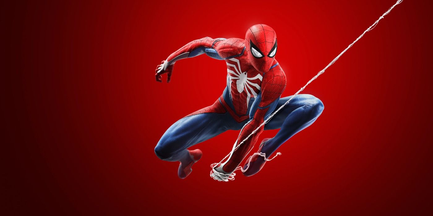 Promo art of Spider-Man swinging with his webs on a red background