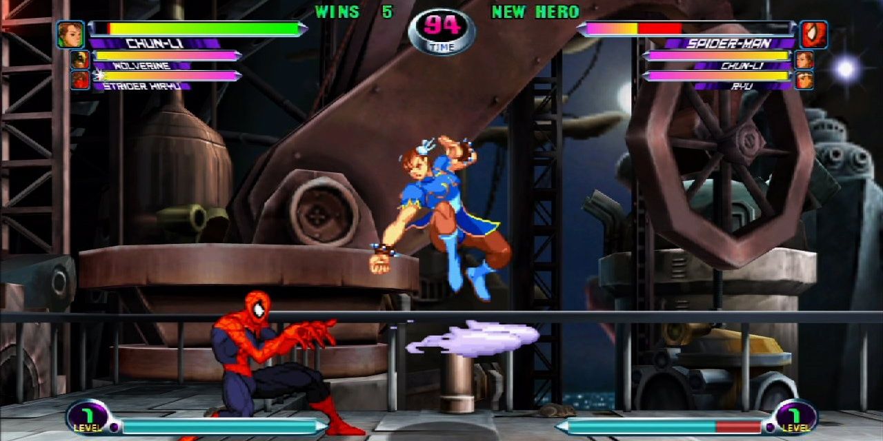 Spider-Man fights Chun-Li in Marvel Vs Capcom 2 