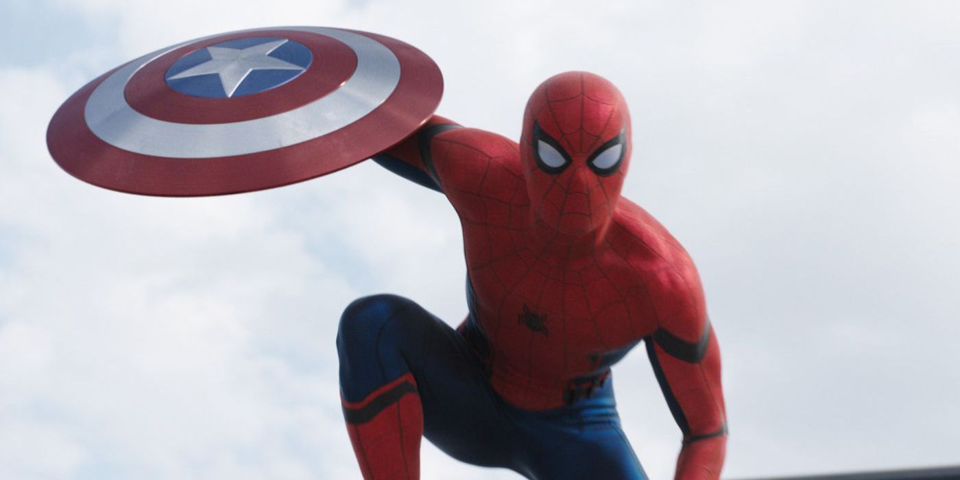Spider Man wielding Caps shield in Captain America Civil War