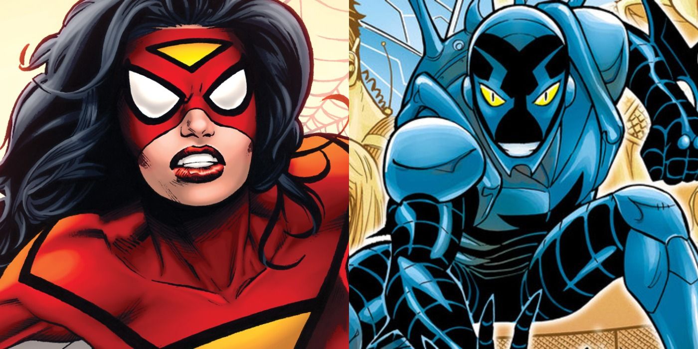 Spider-Woman and Blue Beetle in two side by side images.