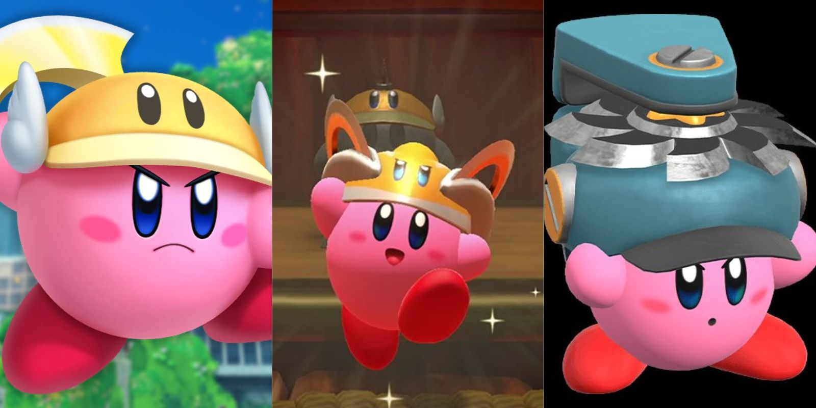 Kirby and the Forgotten Land has tons of abilities, like these three forms of Cutter.