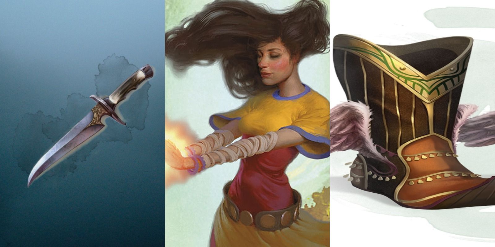 Split image of a dagger, a monk, and flying boots from D&D