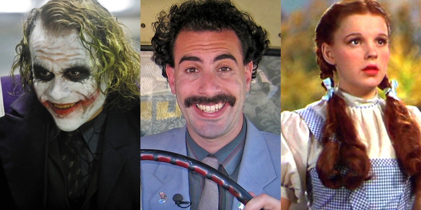 The Joker from Batman, Borat from Borat and Dorothy from The Wizard Of Oz in a split image