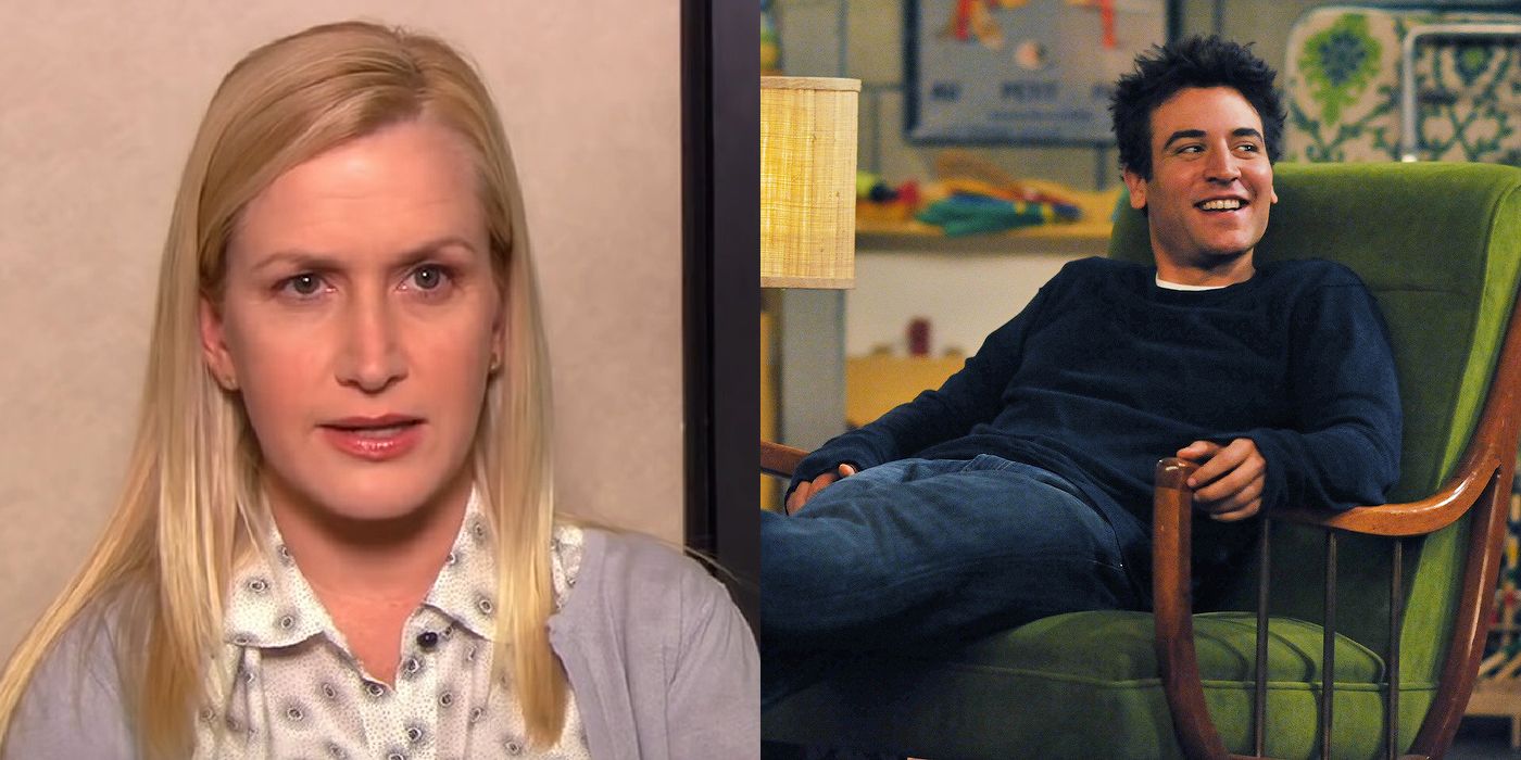 Split image of Angela from The Office looking at the camera with a serious expression and Ted Mosby from How I Met Your Mother lounging on a chair and smiling.