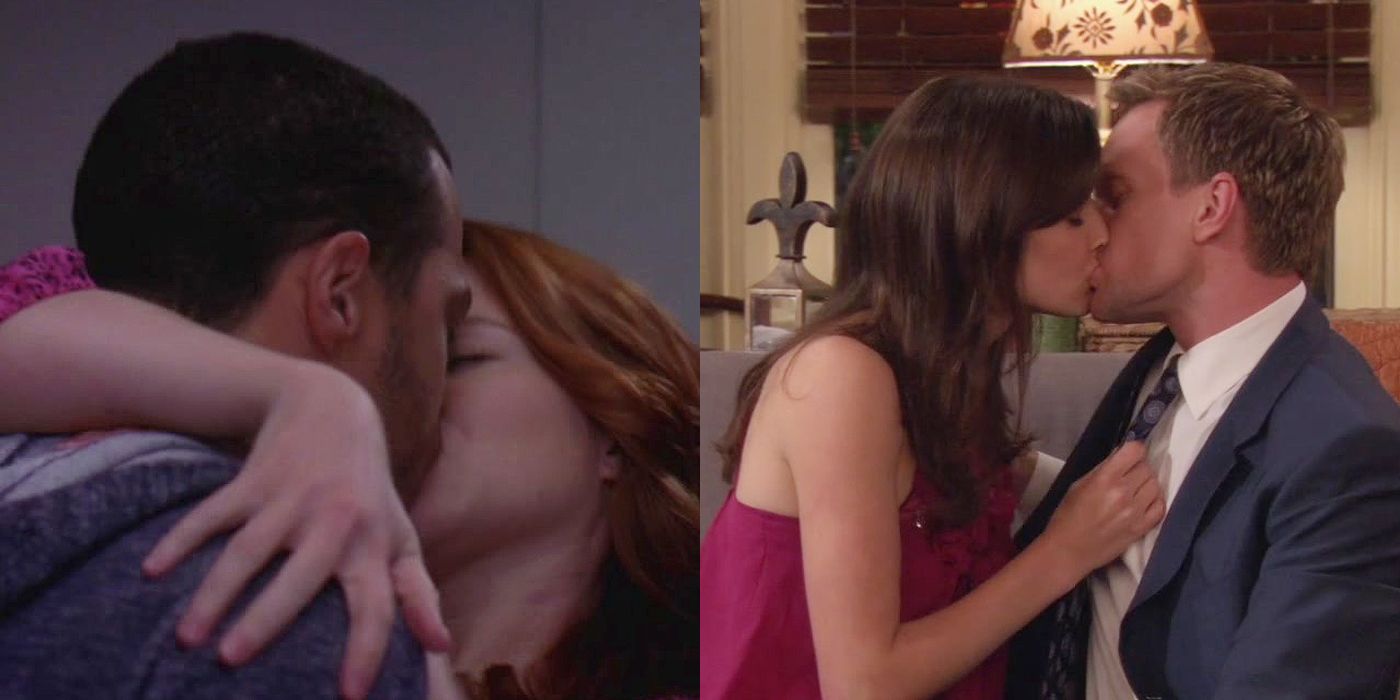 Split image of April and Jackson kissing for the first time and Barney and Robin kissing on the couch for the first time.