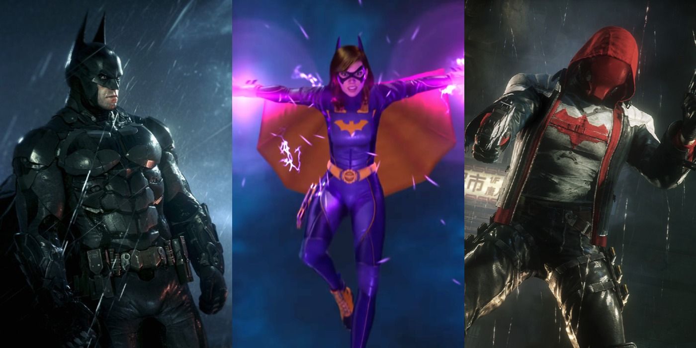Split image of Batman Batgirl and Red Hood in Arkham and Gotham Knights feature