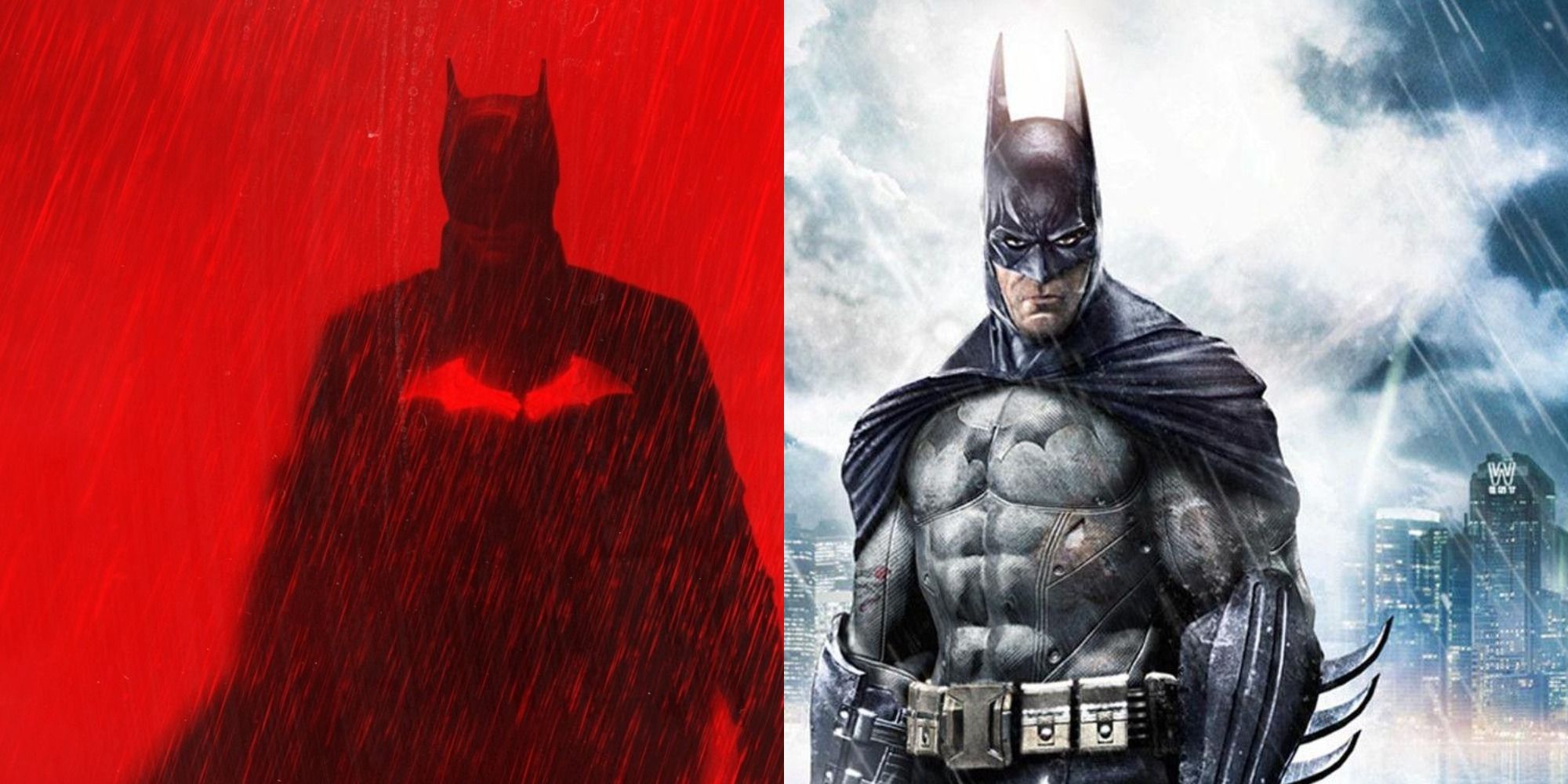 Split image of Batman in cover artwork for The Batman and Batman Arkham Asylum