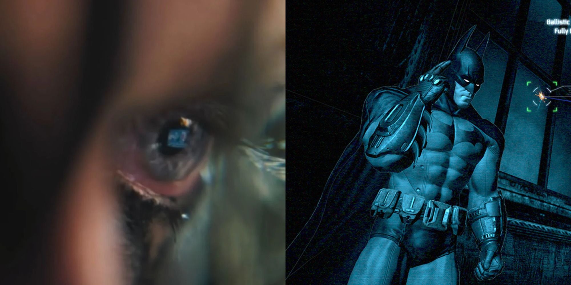 Split image of Batman reviewing his contact lens footage in The Batman 2022 and Batman in detective mode in Batman Arkham City