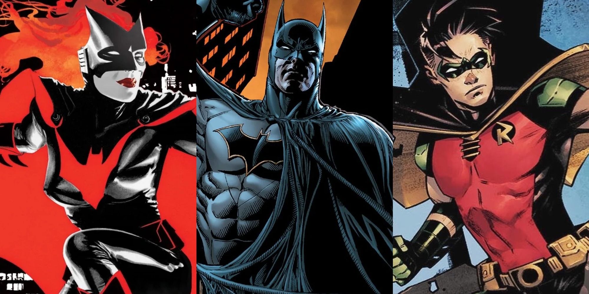Split image of Batwoman, Batman, and Tim Drake in DC comics