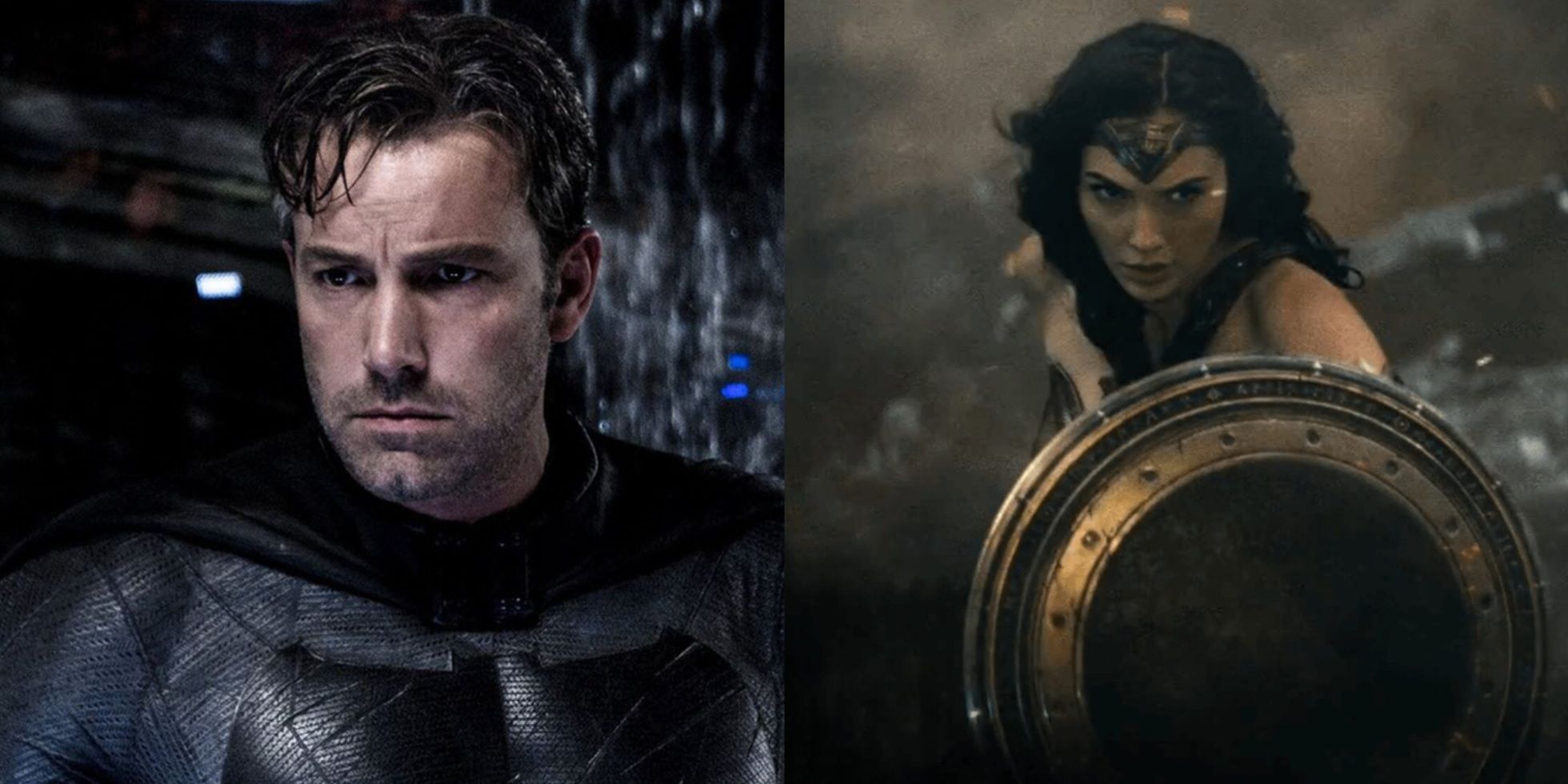 Split image of Ben Affleck as Bruce Wayne and Gal Gadot as Wonder Woman in Batman v Superman
