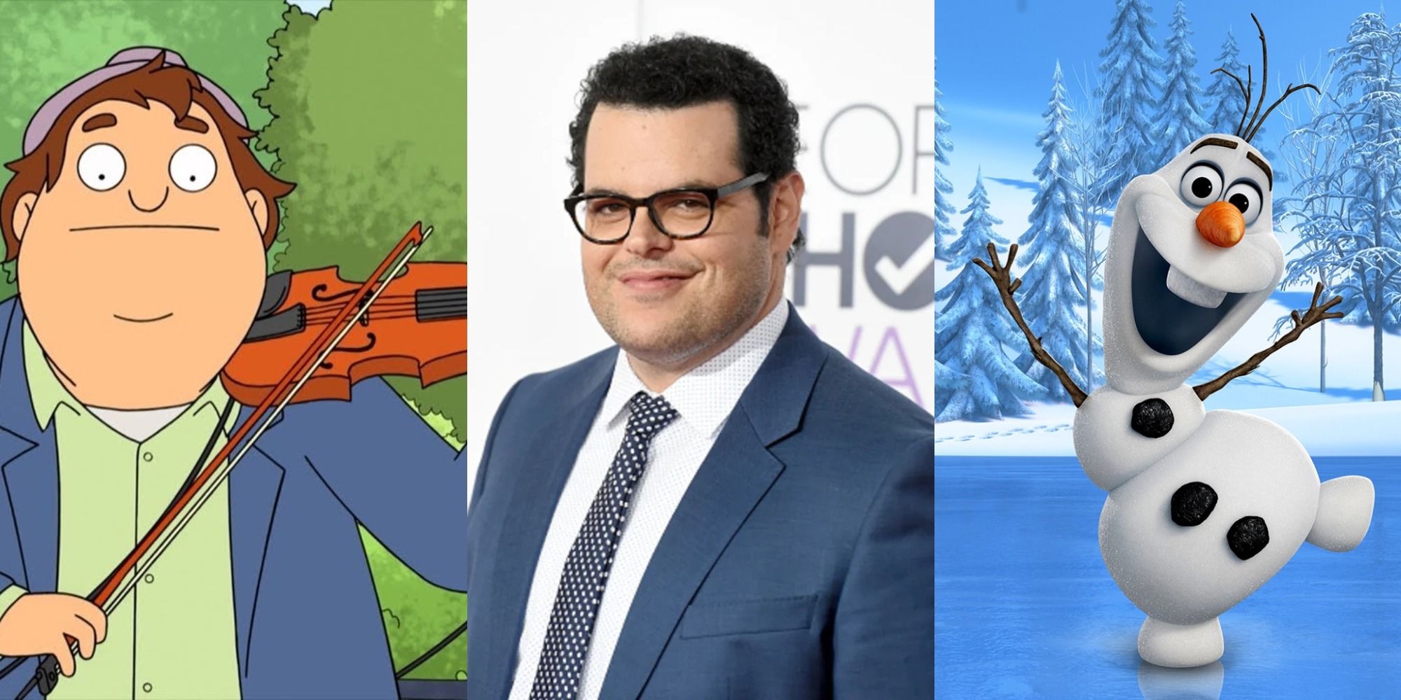 Split image of Birdie from Central Park, Josh Gad, and Olaf in Frozen