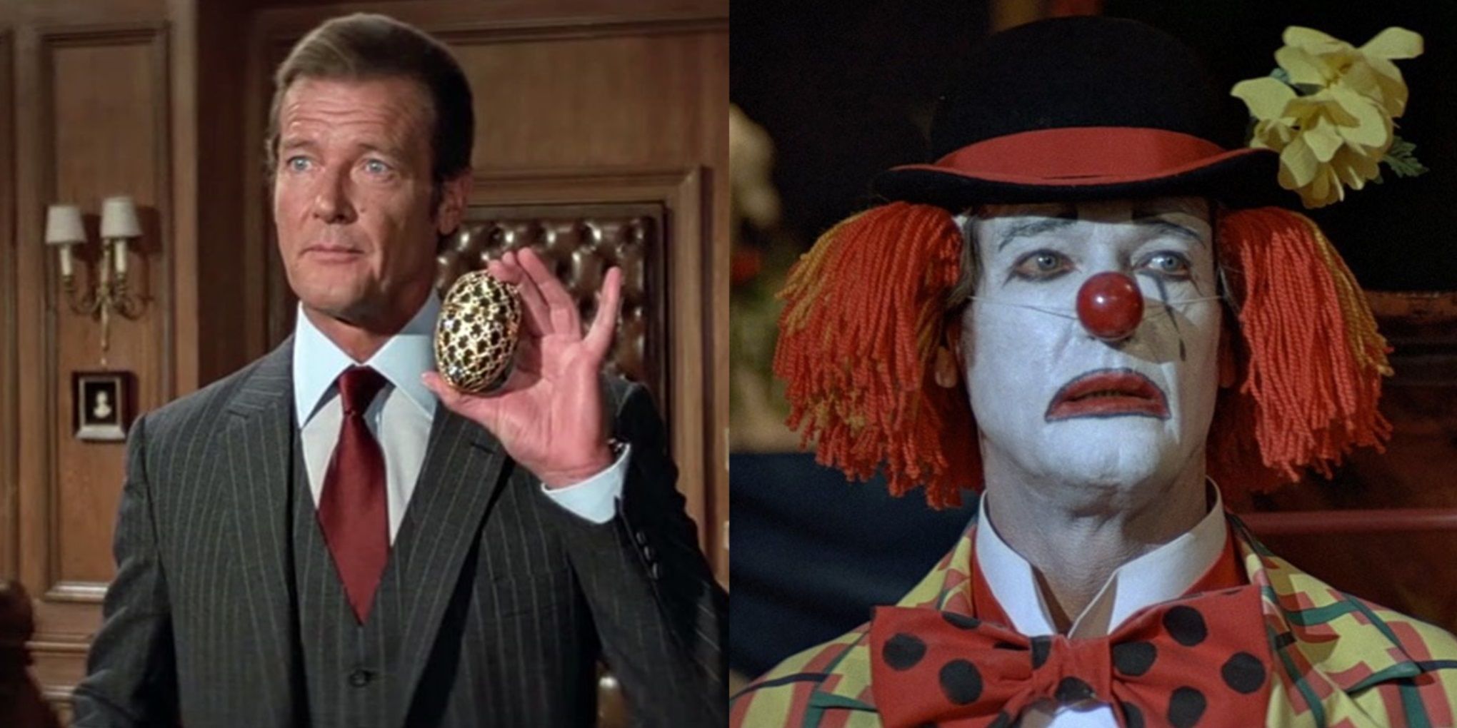 Split image of Bond holding a Faberge egg and wearing a clown disguise in Octopussy