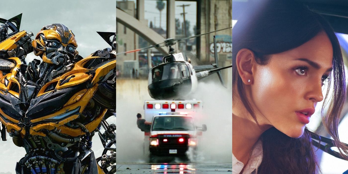 Split image of Bumblebee in Transformers, the Ambulance, and Eiza Gonzalez in Ambulance