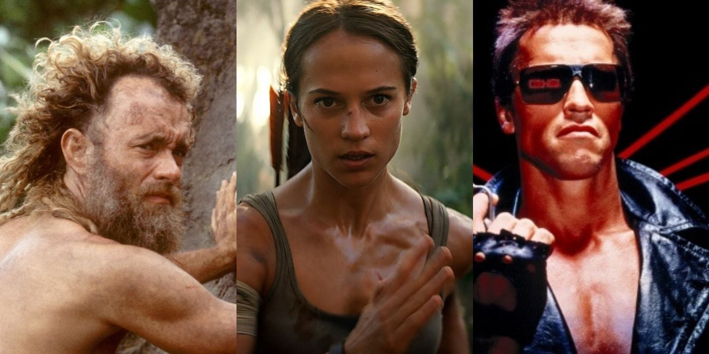 Split image of Chuck in Cast Away, Lara Croft in Tomb Raider, and the T800 in The Terminator