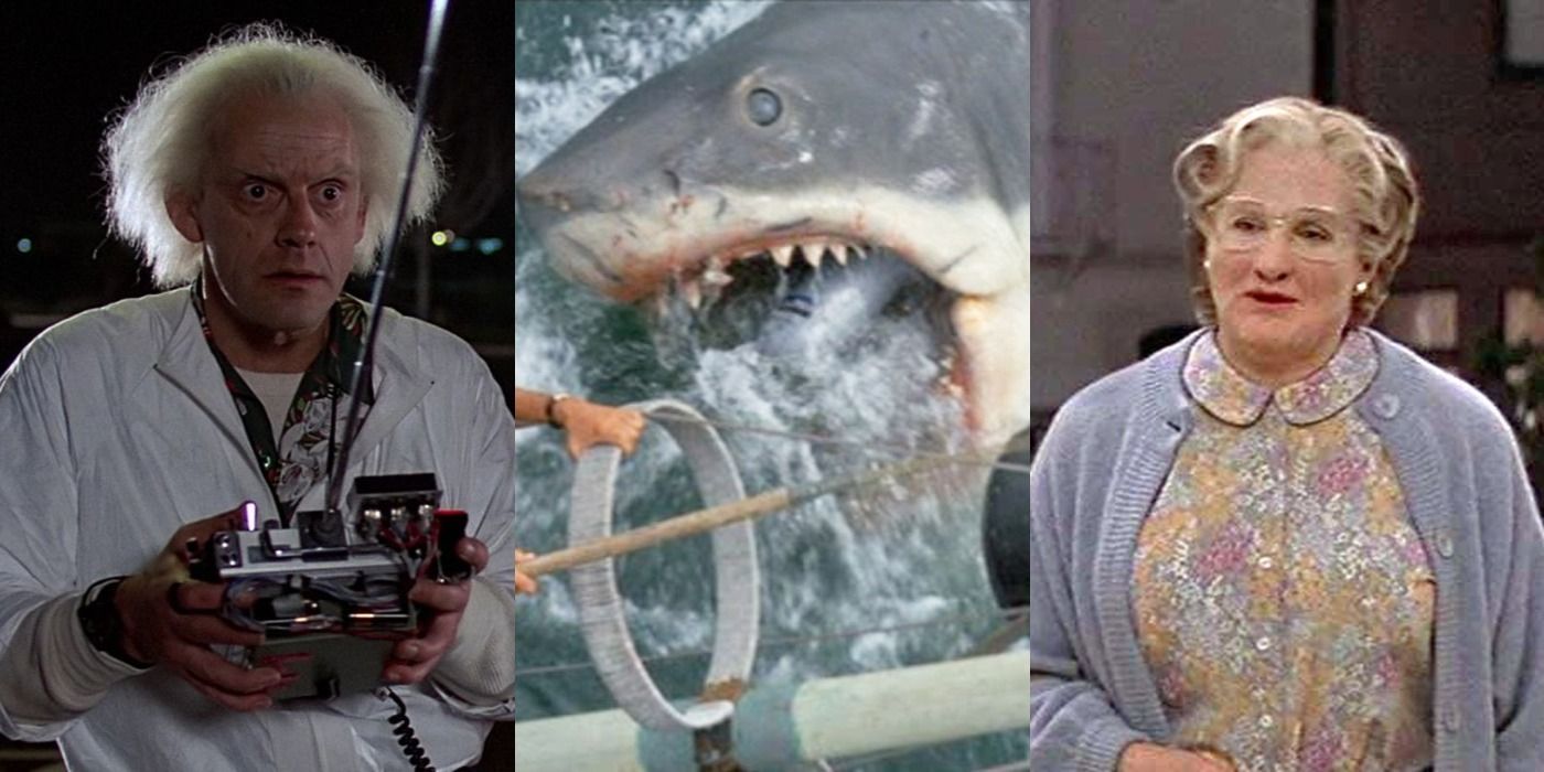 Split image of Doc in Back to the Future, Bruce in Jaws, and Mrs. Doubtfire