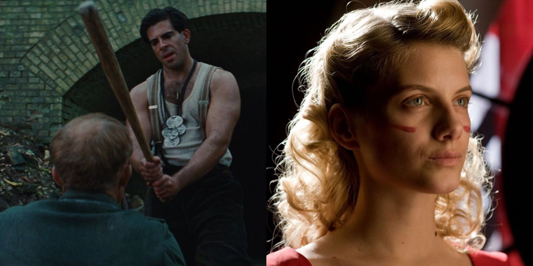 Split image of Donny holding his bat and Shosanna wearing makeup like war paint in Inglourious Basterds